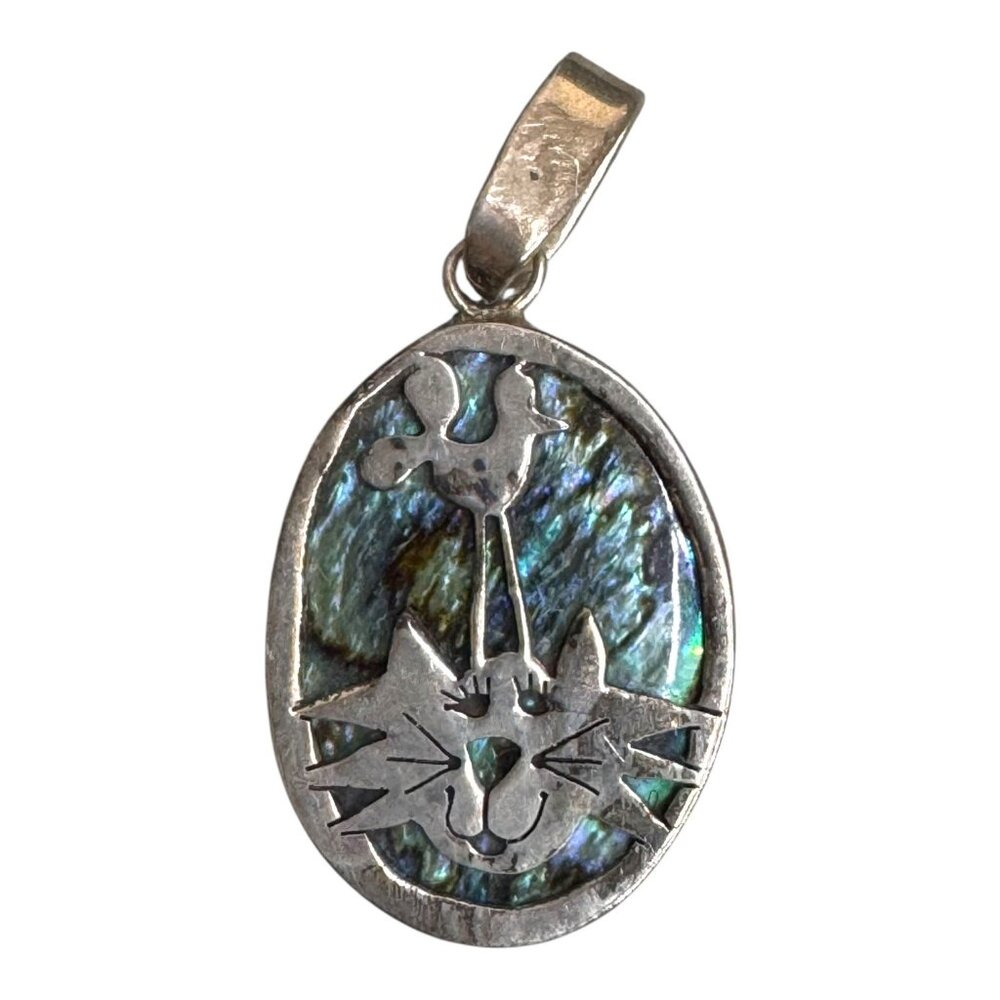 Sterling Silver Smiling Kitty Cat & Bird Pendant Abalone Shell Inlay Reversible